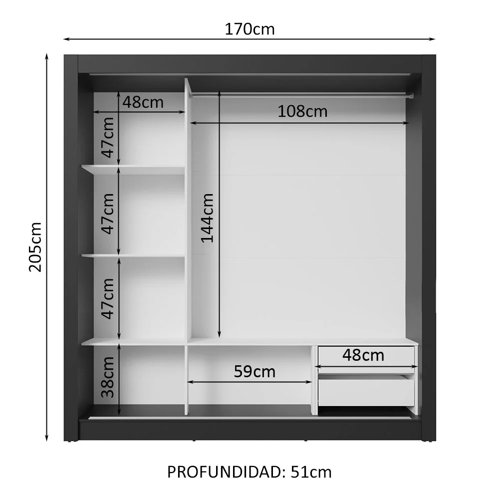 Placard Matrimonial 3 Puertas Corredizas 2 Cajones Negro/Blanco Sublime - Image 4