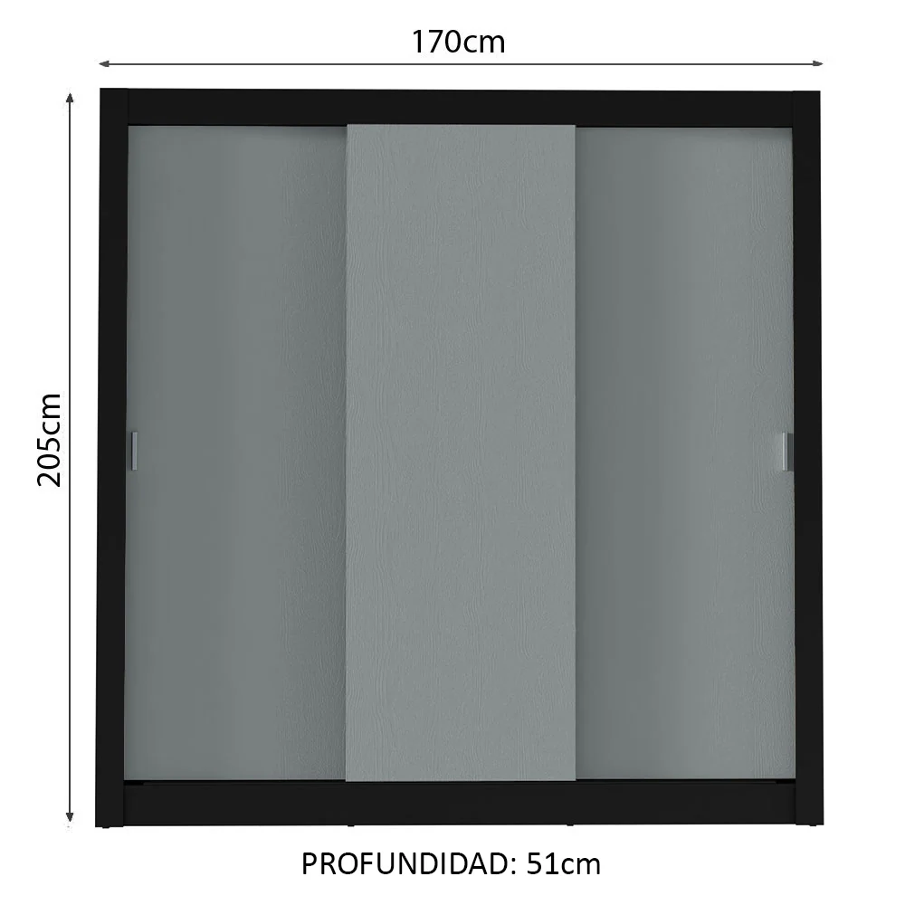 Placard Matrimonial 3 Puertas Corredizas Negro/Gris Monaco - Image 2