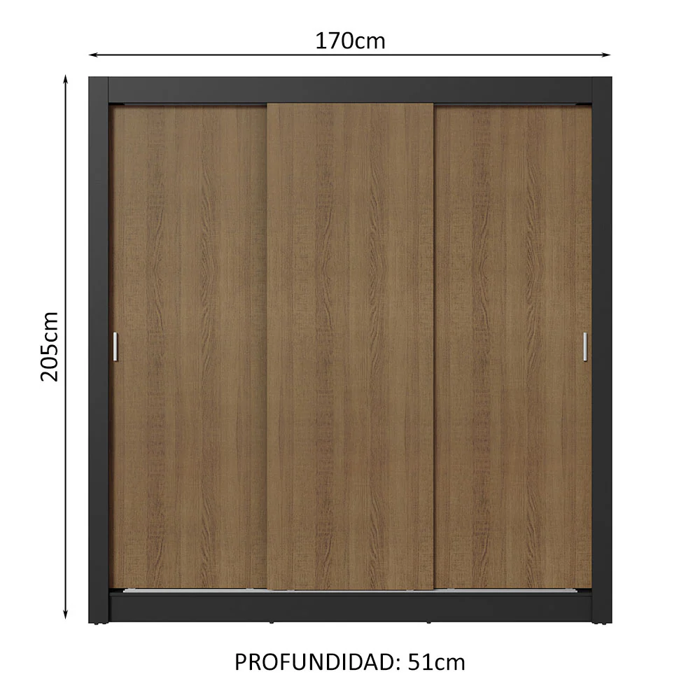 Placard Matrimonial 3 Puertas Corredizas Negro/Marrón Nobre - Image 2