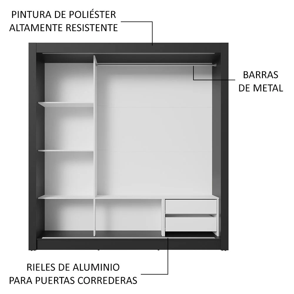 Placard Matrimonial 3 Puertas Corredizas 2 Cajones Negro/Marrón Sublime - Image 6
