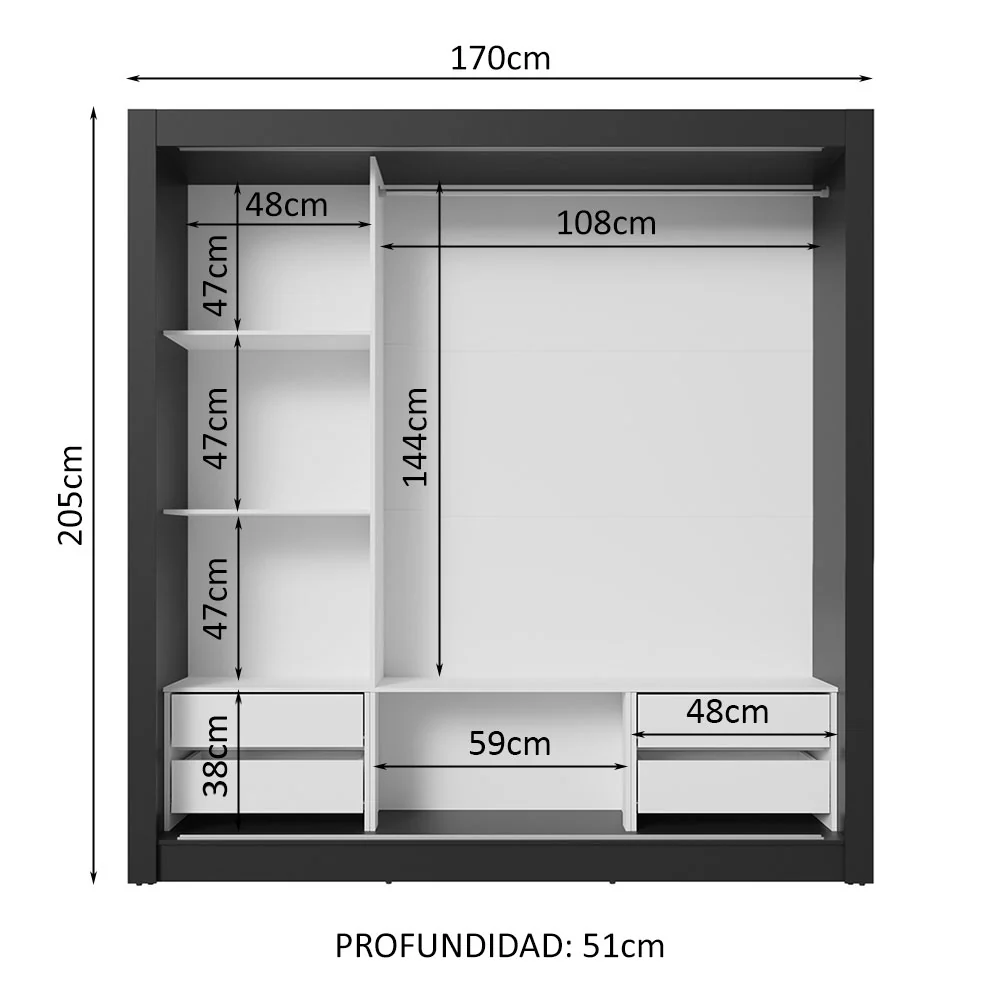 Placard Matrimonial 3 Puertas Corredizas 4 Cajones Negro Sublime Plus - Image 4