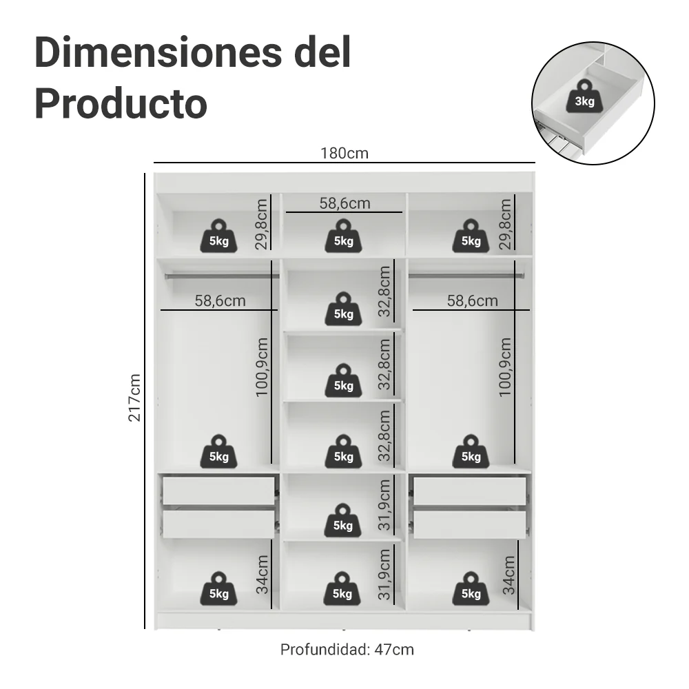 Placard Matrimonial 6 Puertas Batientes con Espejo Venus Blanco/Blanco/Negro - Image 2
