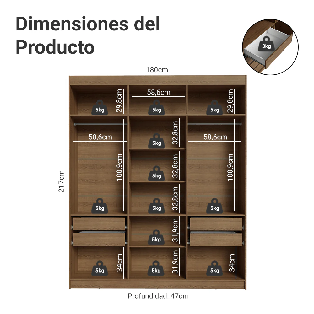 Placard Matrimonial 6 Puertas Batientes Venus Marrón/Negro/Marrón - Image 2