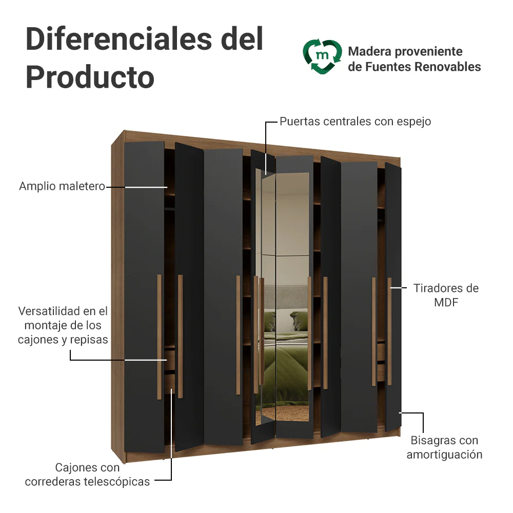 Placard Matrimonial 8 Puertas Batientes con Espejo Venus Marrón/Negro/Marrón - Image 4