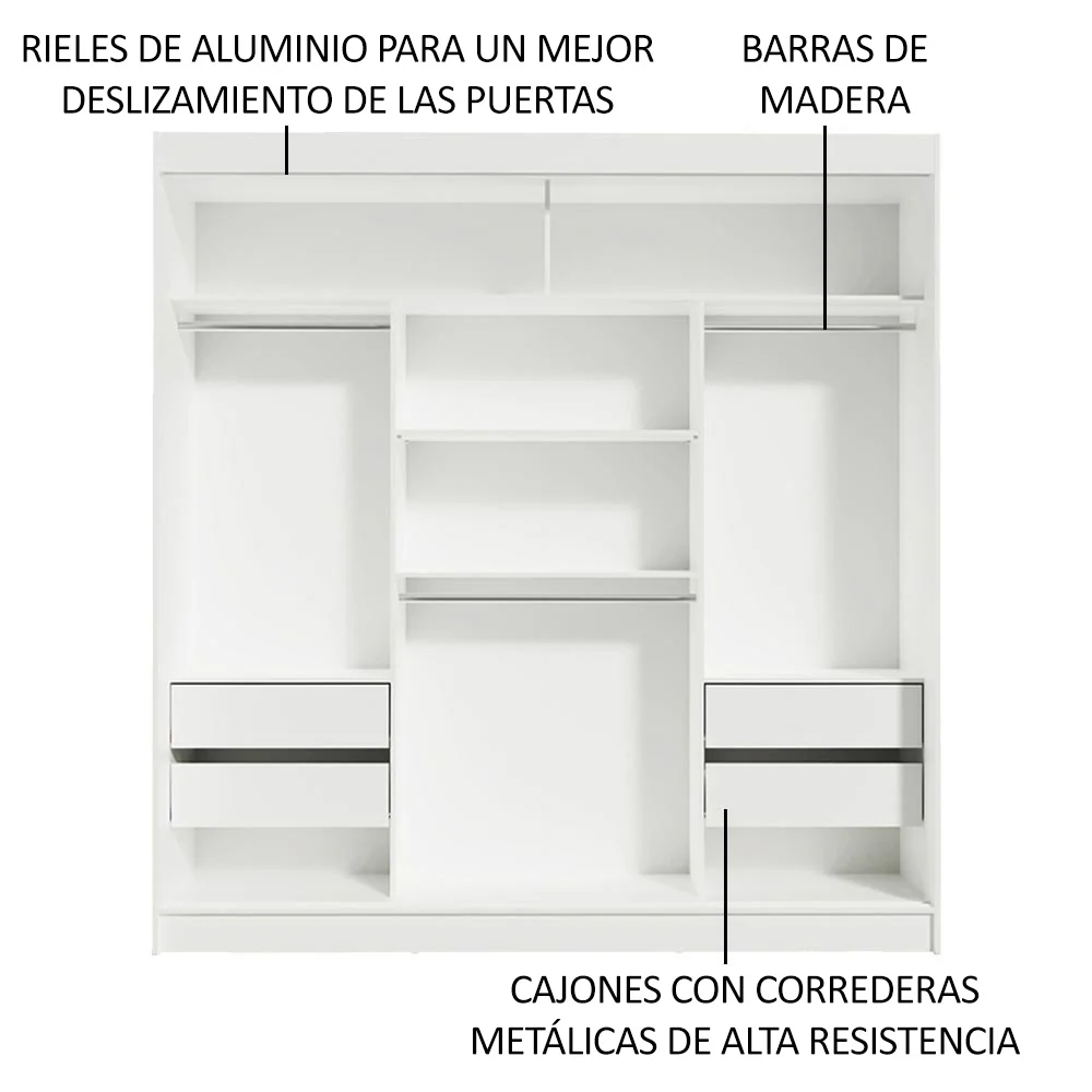 Placard Matrimonial con 3 Puertas Correderas y Espejo, Blanco Orión - Image 5