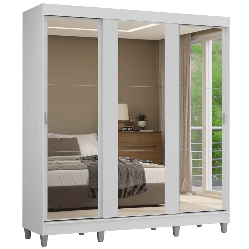 Placard Matrimonial con Patas 180 cm 3 Puertas con 3 Espejos Reno Blanco - Image 3