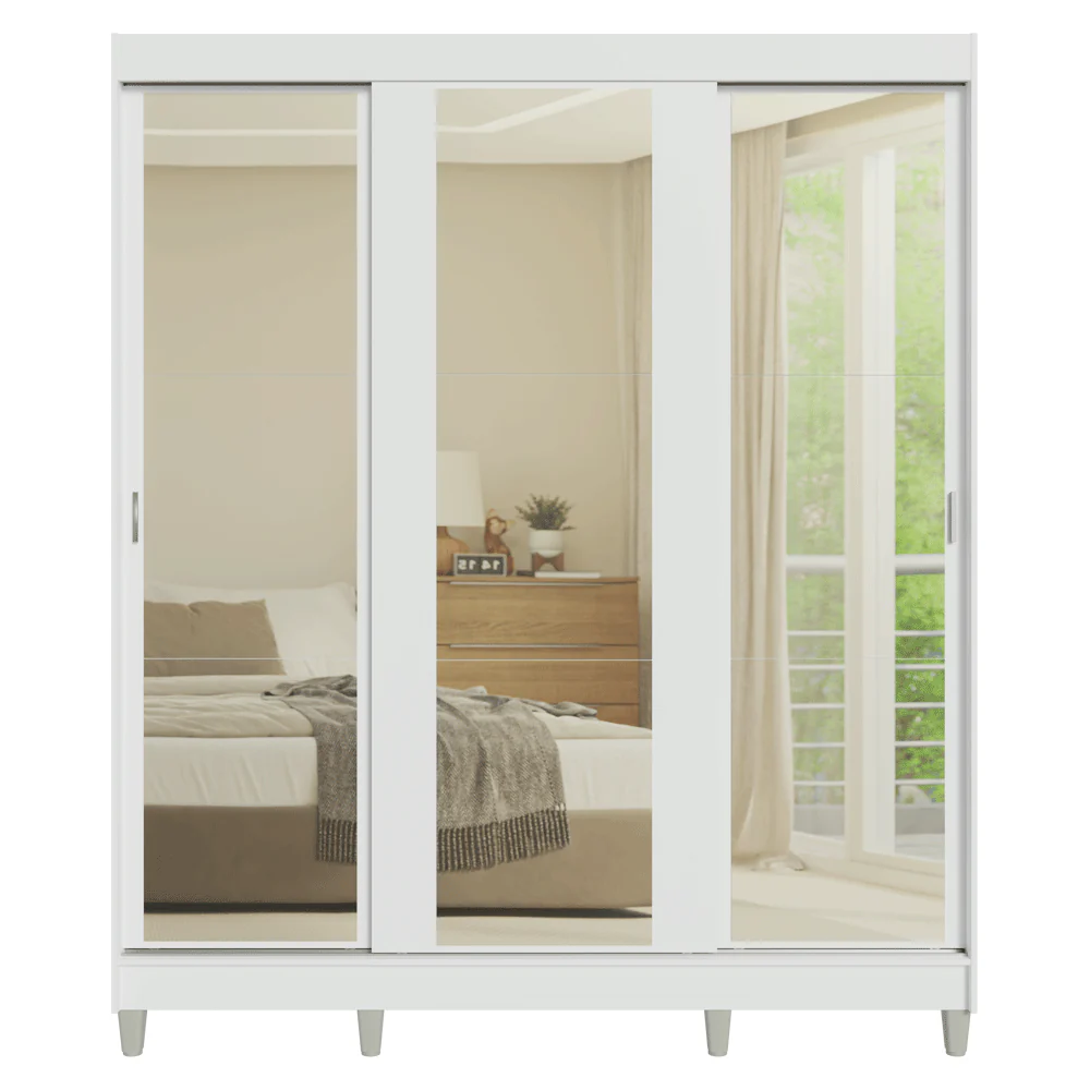 Placard Matrimonial con Patas 180 cm 3 Puertas con 3 Espejos Reno Blanco - Image 9