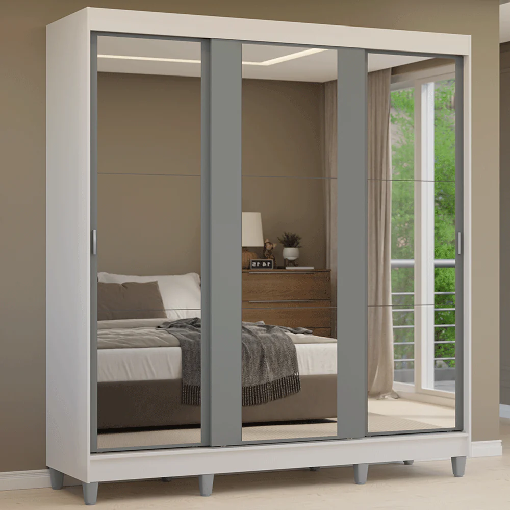 Placard Matrimonial con Patas 180 cm 3 Puertas con 3 Espejos Reno Blanco/Gris