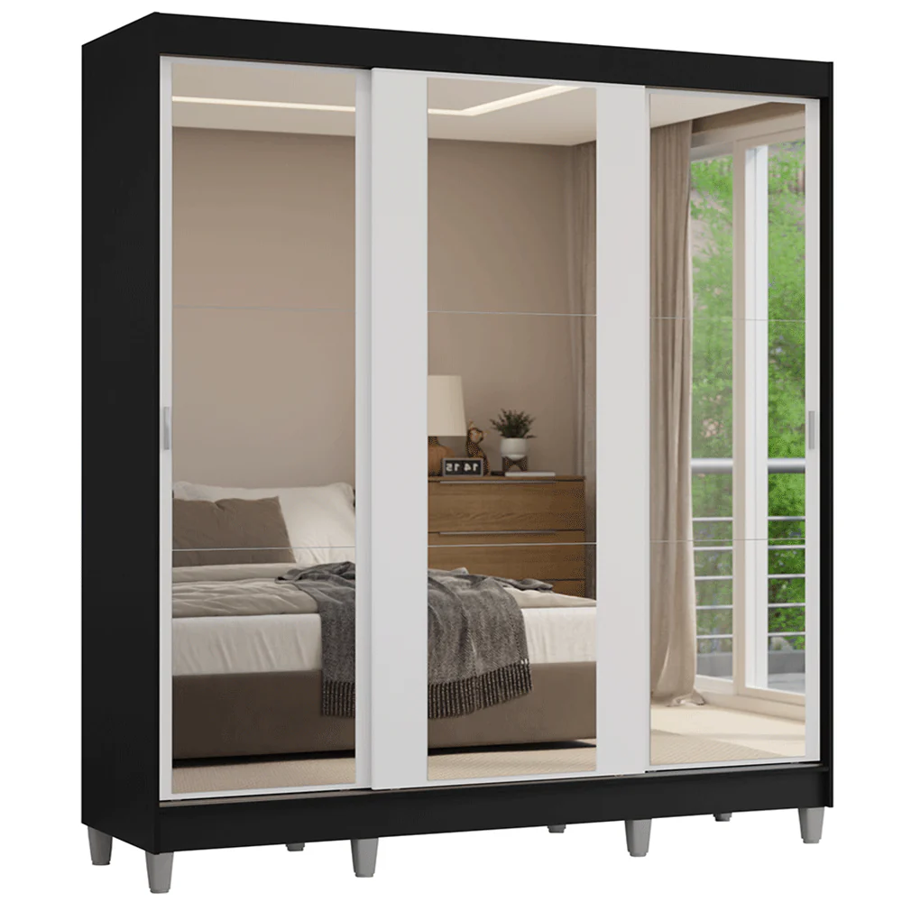 Placard Matrimonial con Patas 180 cm 3 Puertas con 3 Espejos Reno Negro/Blanco - Image 3