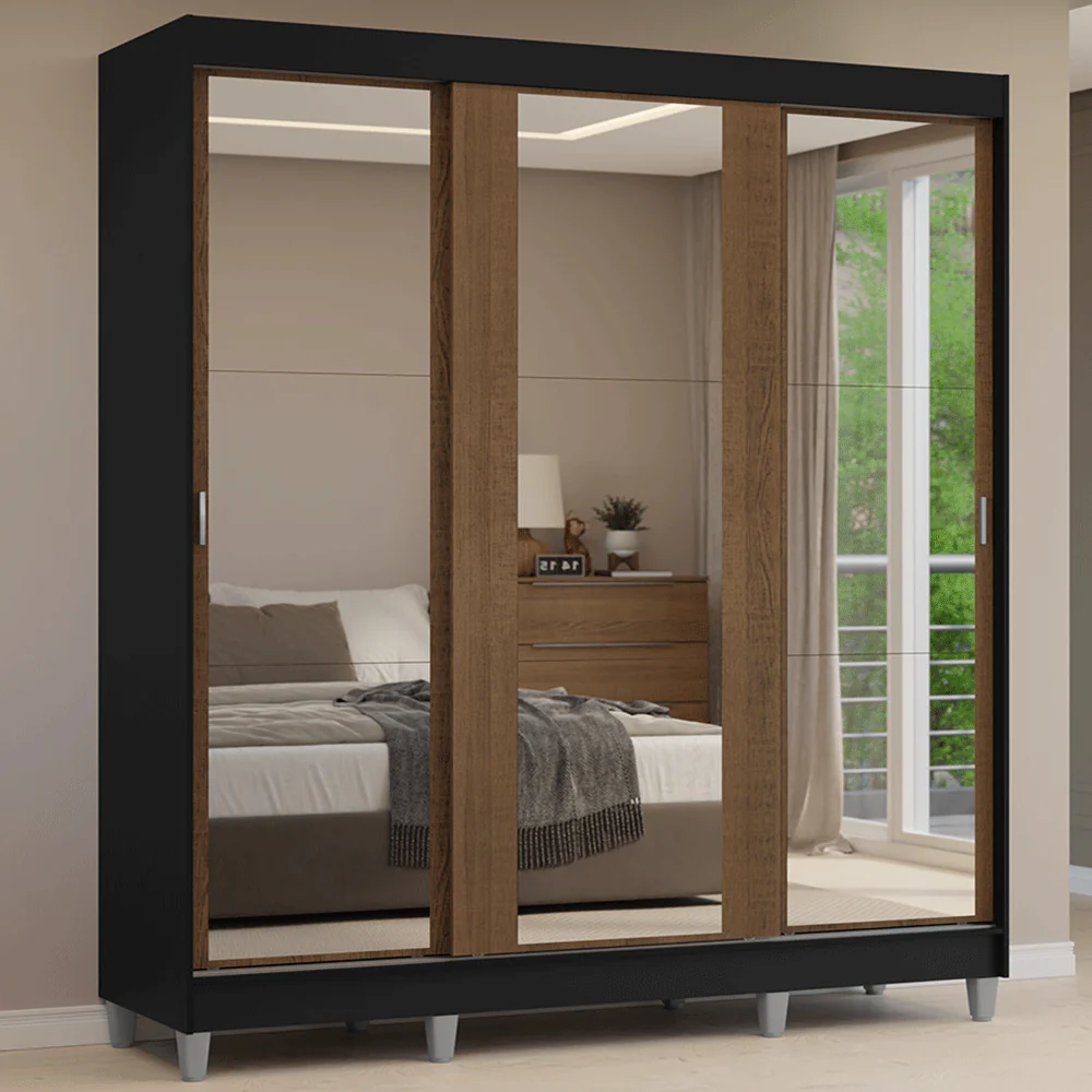 Placard Matrimonial con Patas 180 cm 3 Puertas con 3 Espejos Reno Negro/Marrón