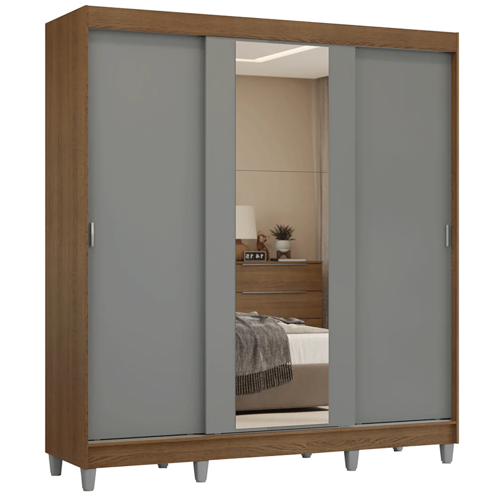 Placard Matrimonial con Patas 180 cm 3 Puertas con Espejo Reno Marrón/Gris - Image 3