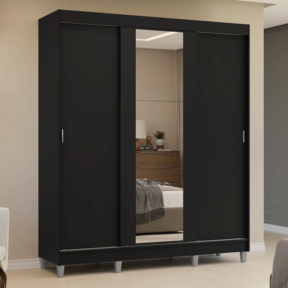 Placard Matrimonial con Patas 180 cm 3 Puertas con Espejo Reno Negro