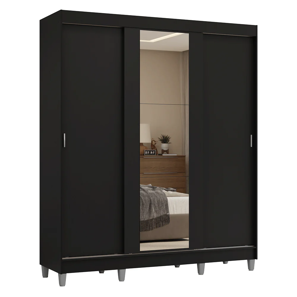 Placard Matrimonial con Patas 180 cm 3 Puertas con Espejo Reno Negro - Image 3
