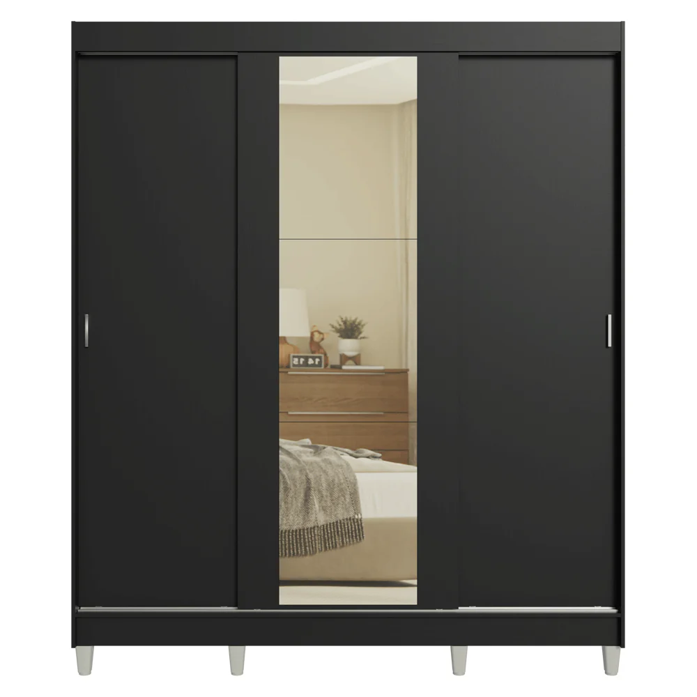 Placard Matrimonial con Patas 180 cm 3 Puertas con Espejo Reno Negro - Image 9