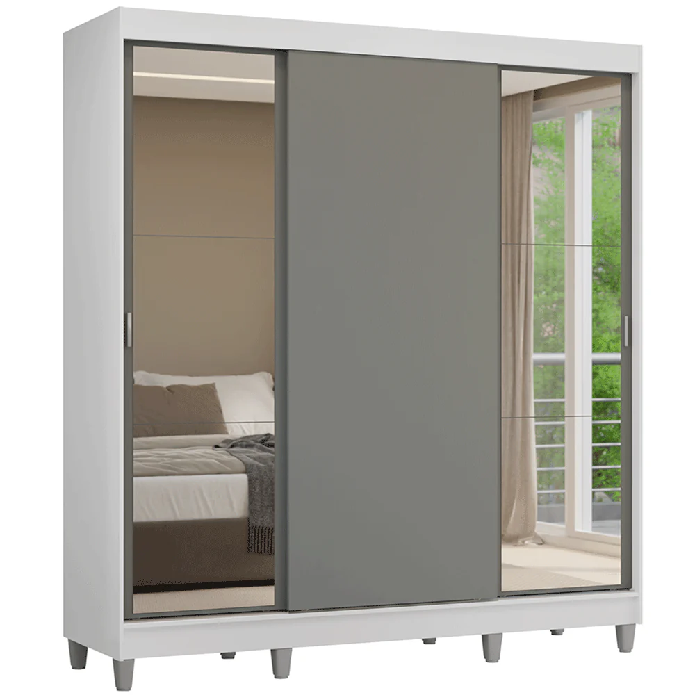 Placard Matrimonial con Patas 180 cm 3 Puertas con Espejos Reno Blanco/Gris - Image 3