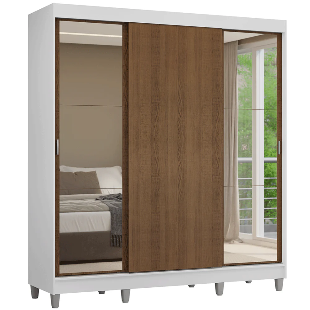 Placard Matrimonial con Patas 180 cm 3 Puertas con Espejos Reno Blanco/Marrón - Image 3