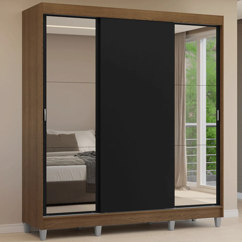 Placard Matrimonial con Patas 180 cm 3 Puertas con Espejos Reno Marrón/Negro