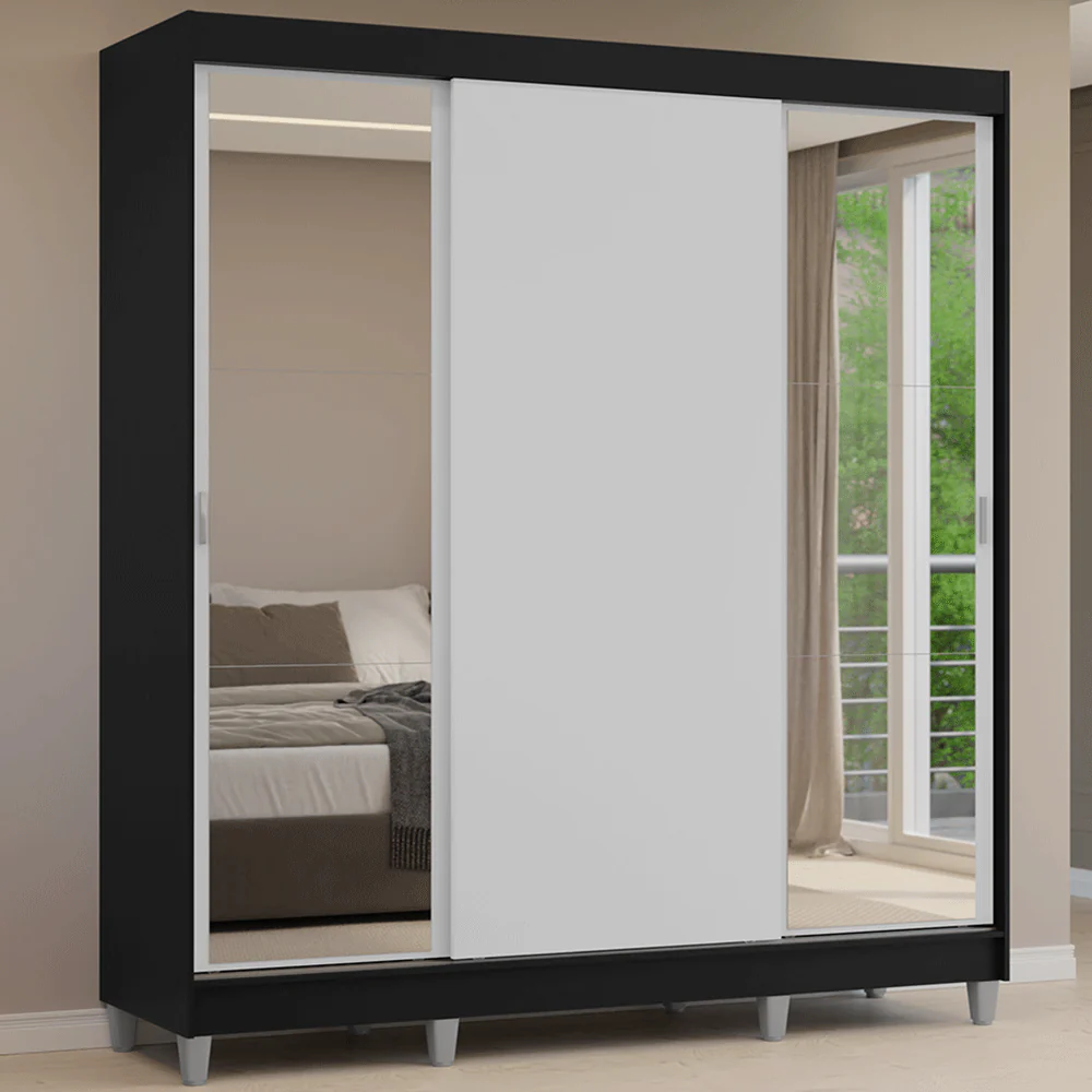 Placard Matrimonial con Patas 180 cm 3 Puertas con Espejos Reno Negro/Blanco