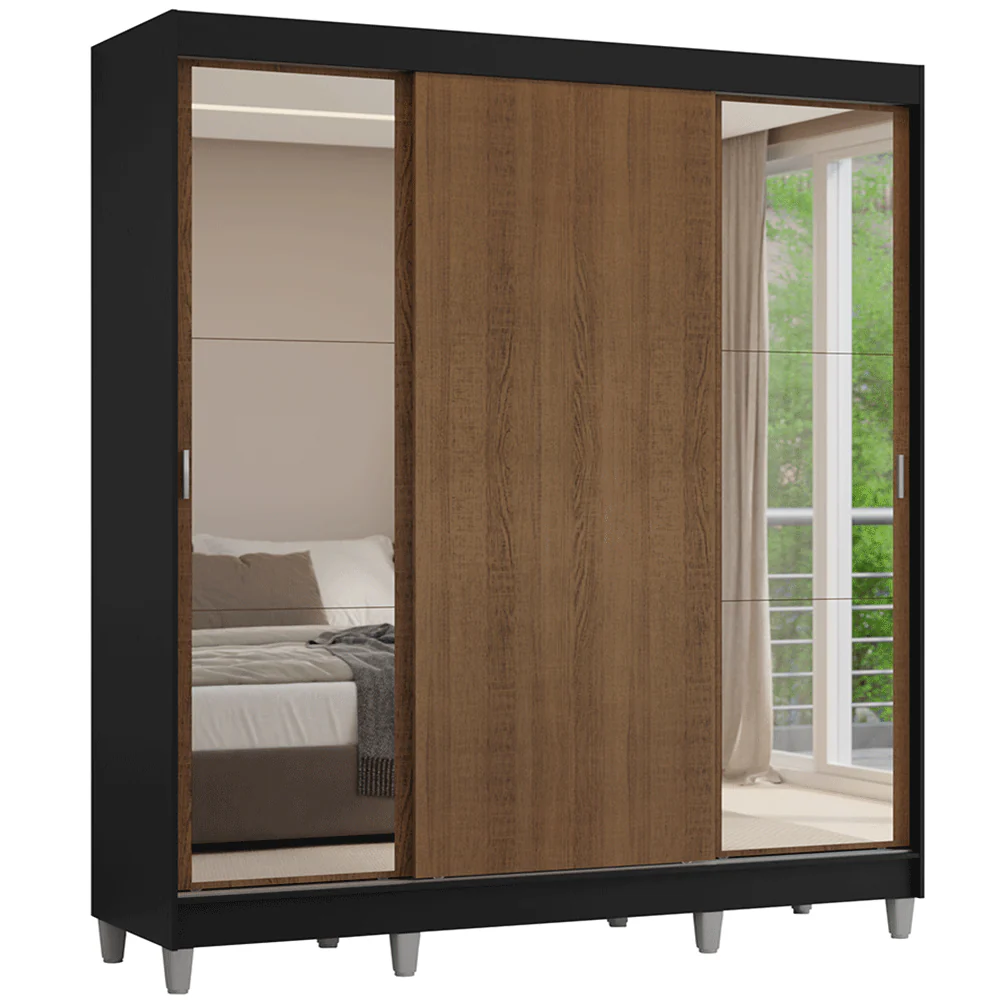 Placard Matrimonial con Patas 180 cm 3 Puertas con Espejos Reno Negro/Marrón - Image 3