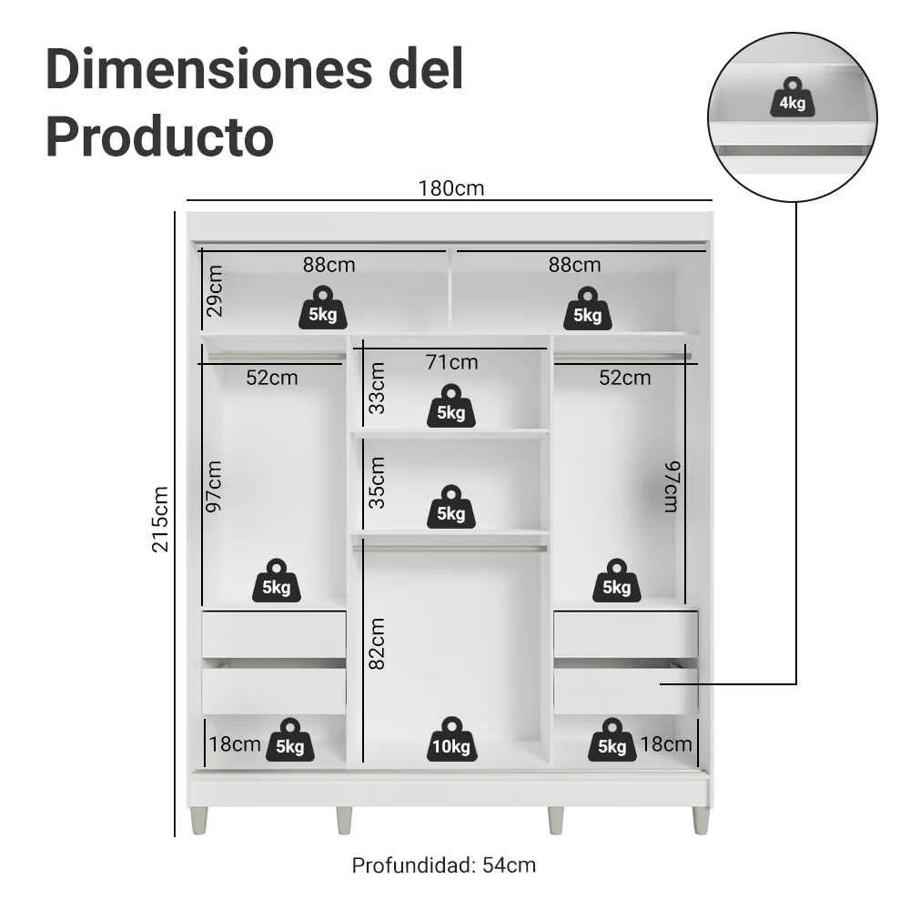 Placard Matrimonial con Patas 180 cm 3 Puertas Reno Blanco/Marrón - Image 2