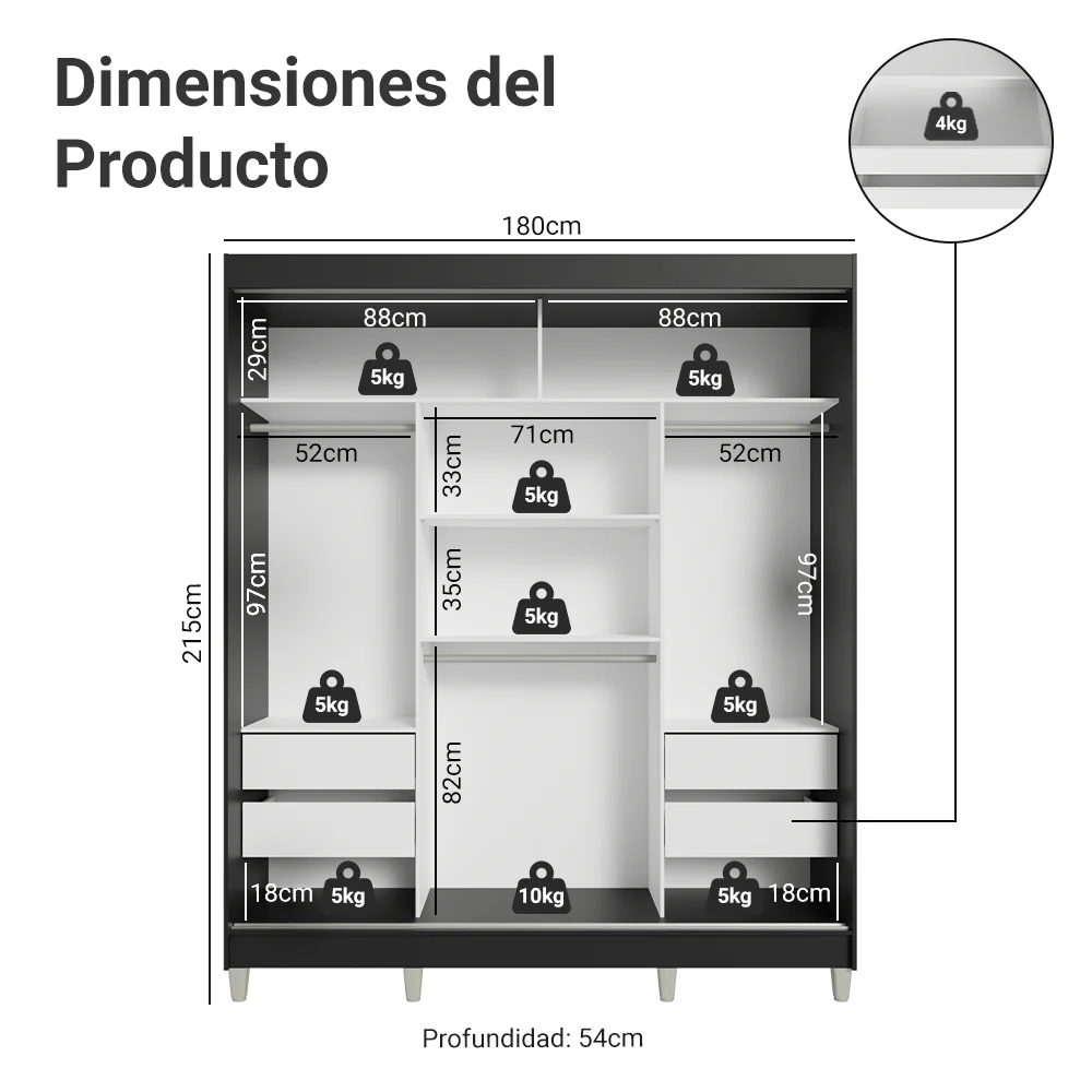 Placard Matrimonial con Patas 180 cm 3 Puertas Reno Negro/Gris - Image 2