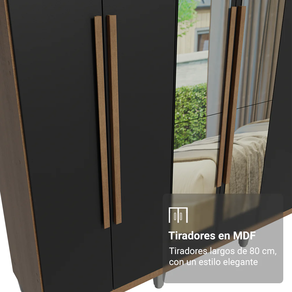 Placard Matrimonial con Patas 6 Puertas Batientes con Espejo Venus Marrón/Negro/Marrón - Image 6