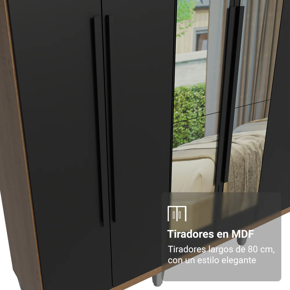 Placard Matrimonial con Patas 6 Puertas Batientes con Espejo Venus Marrón/Negro/Negro - Image 6