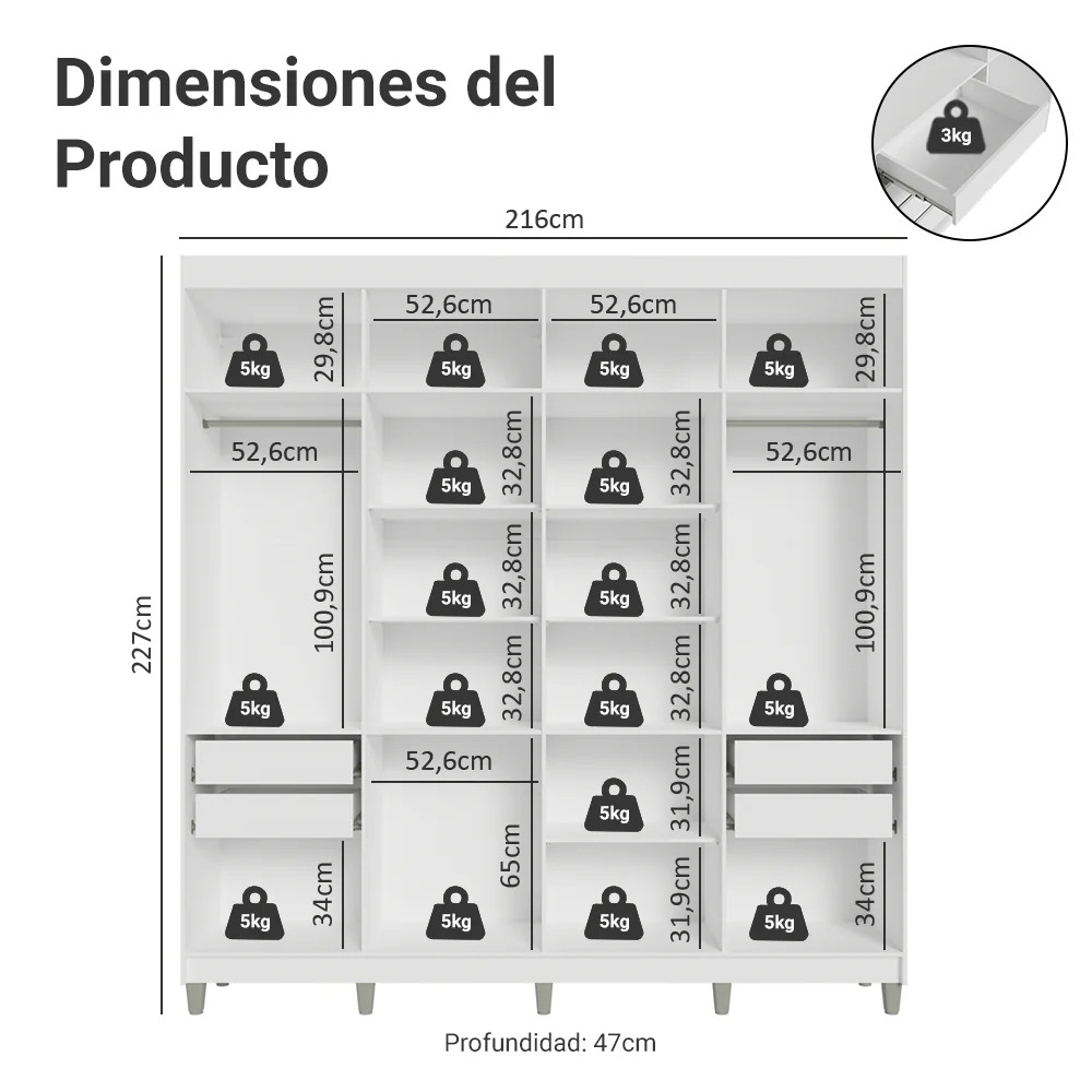 Placard Matrimonial con Patas 8 Puertas Batientes Venus Blanco/Negro/Negro - Image 2