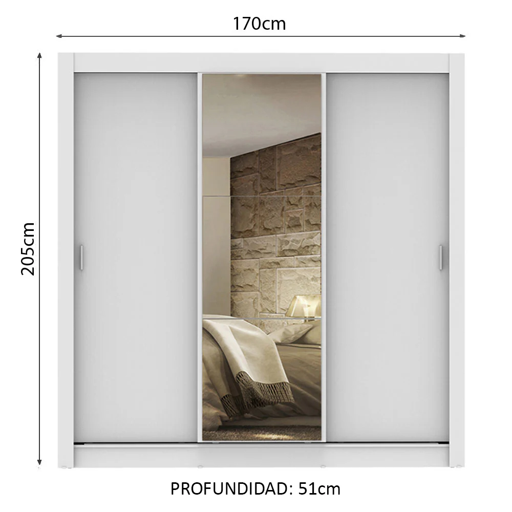 Placard Matrimonial Lyon 3 Puertas Corredizas con Espejo 2 Cajones Blanco - Image 2
