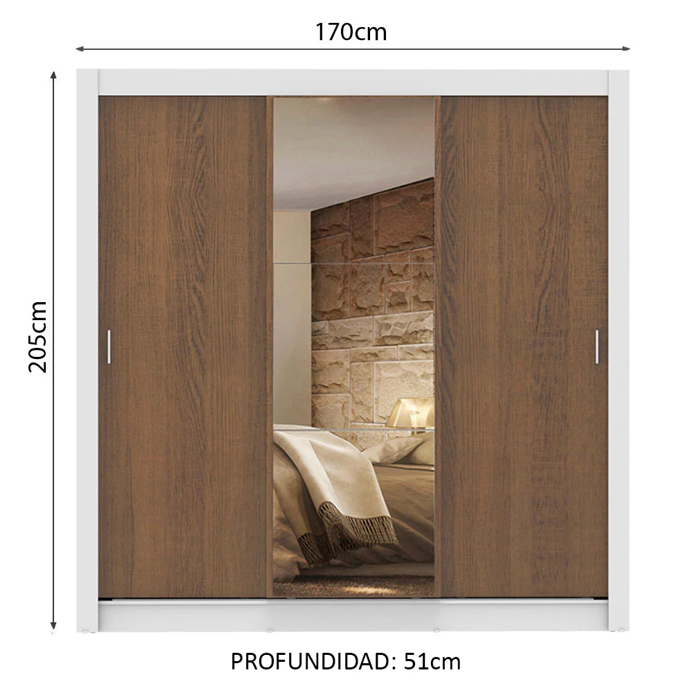 Placard Matrimonial Lyon 3 Puertas Corredizas con Espejo 2 Cajones Blanco/Marrón - Image 2