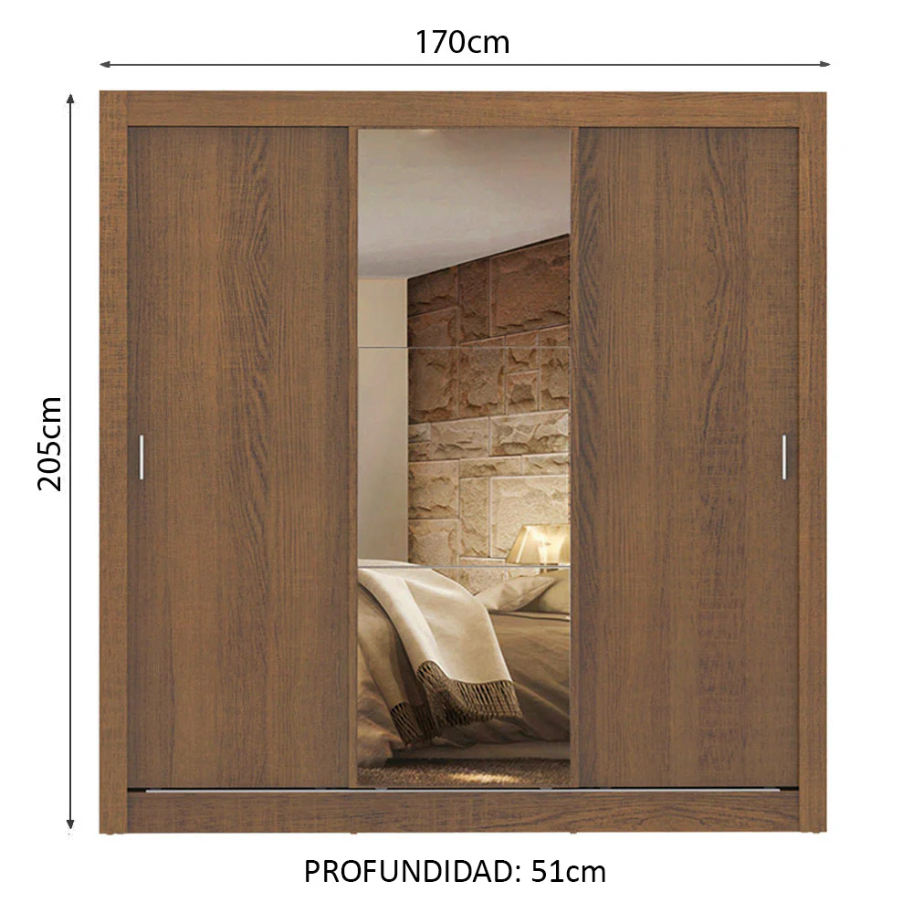 Placard Matrimonial Lyon 3 Puertas Corredizas con Espejo 2 Cajones Marrón - Image 2