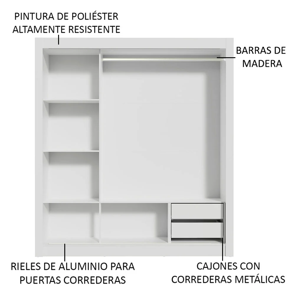 Placard Matrimonial Lyon 3 Puertas Corredizas con Espejos 2 Cajones Blanco/Negro - Image 6