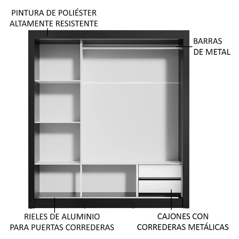 Placard Matrimonial Lyon 3 Puertas Corredizas con Espejos 2 Cajones Marrón/Negro - Image 6