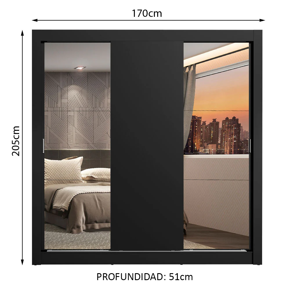 Placard Matrimonial Lyon 3 Puertas Corredizas con Espejos 2 Cajones Negro - Image 2