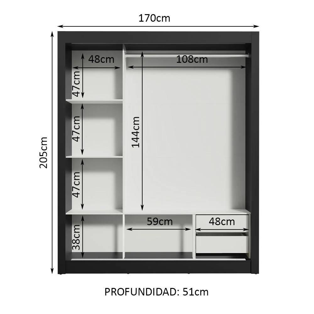 Placard Matrimonial Lyon 3 Puertas Corredizas con Espejos 2 Cajones Negro - Image 4