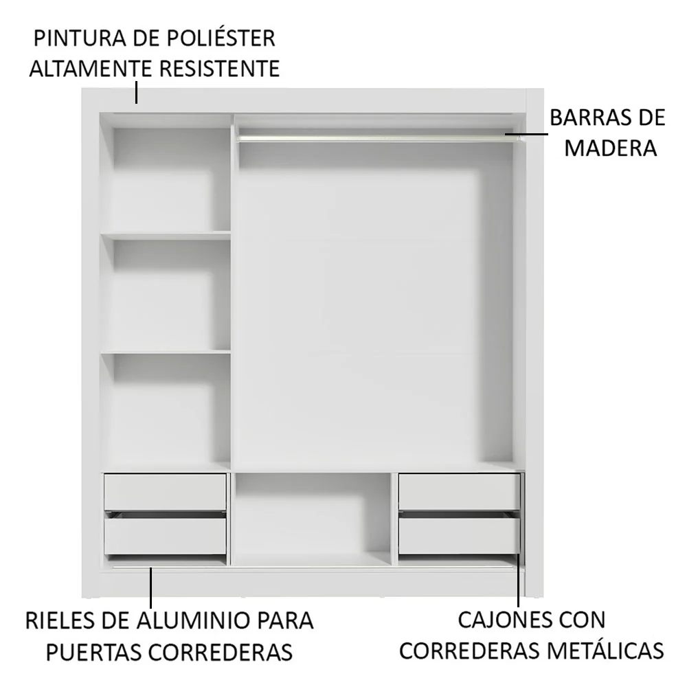 Placard Matrimonial Lyon Plus 3 Puertas Corredizas 4 Cajones Blanco/Negro - Image 6