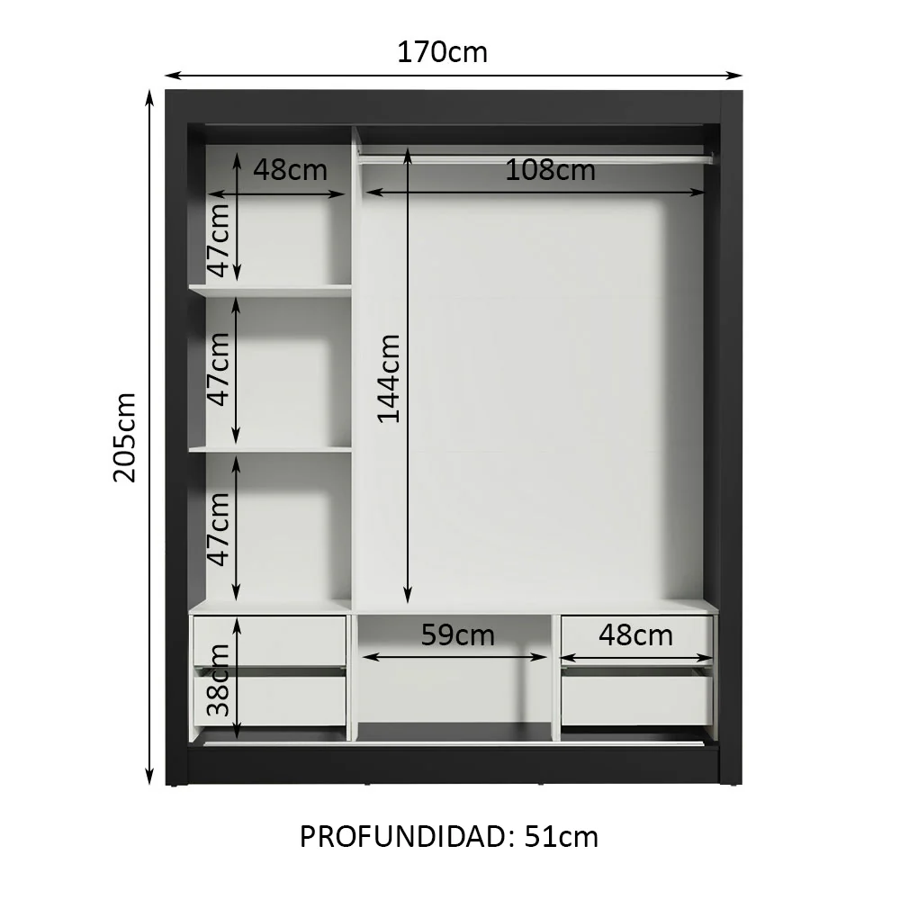 Placard Matrimonial Lyon Plus 3 Puertas Corredizas 4 Cajones Negro/Marrón - Image 5