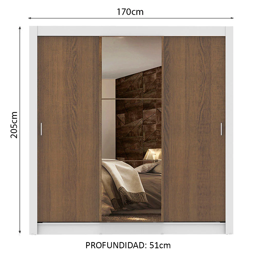Placard Matrimonial Lyon Plus 3 Puertas Corredizas con Espejo 4 Cajones Blanco/Marrón - Image 2