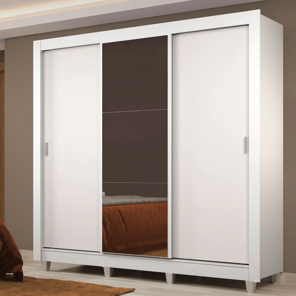 Placard Matrimonial Lyon Plus 3 Puertas Corredizas con Espejo 4 Cajones con Patas Blanco