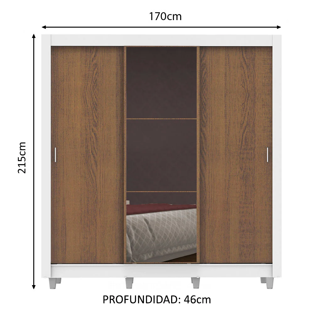 Placard Matrimonial Lyon Plus 3 Puertas Corredizas con Espejo 4 Cajones con Patas Blanco/Marrón - Image 2