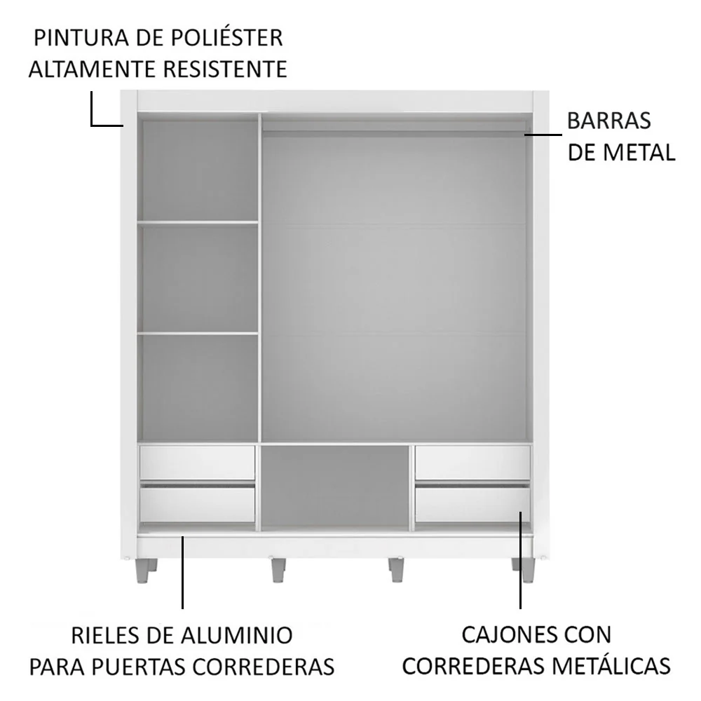 Placard Matrimonial Lyon Plus 3 Puertas Corredizas con Espejo 4 Cajones con Patas Blanco/Marrón - Image 5