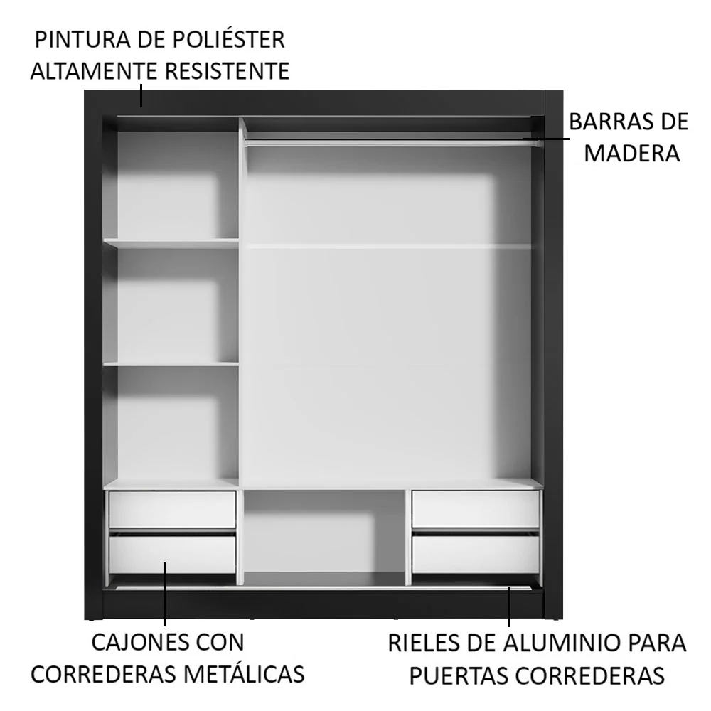 Placard Matrimonial Lyon Plus 3 Puertas Corredizas con Espejo 4 Cajones Negro - Image 6