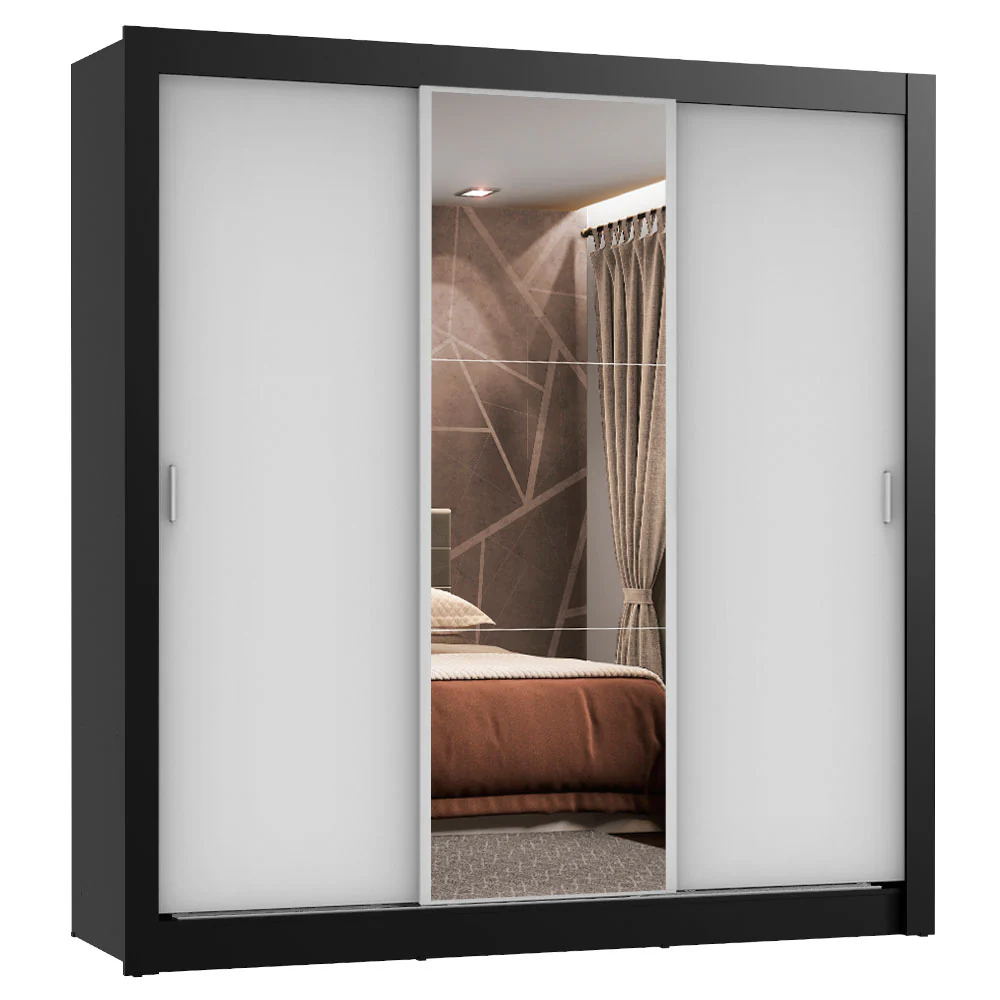 Placard Matrimonial Lyon Plus 3 Puertas Corredizas con Espejo 4 Cajones Negro/Blanco - Image 3