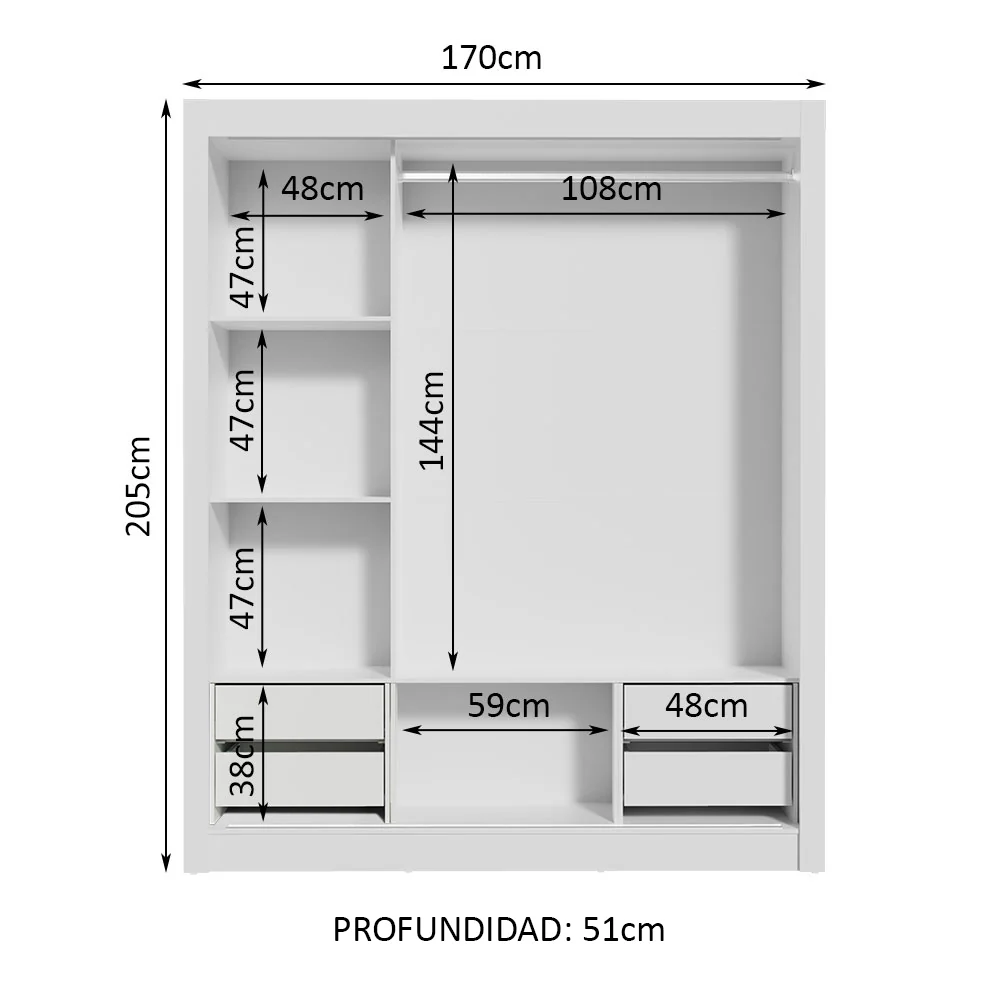 Placard Matrimonial Lyon Plus 3 Puertas Corredizas con Espejos 4 Cajones Blanco - Image 4