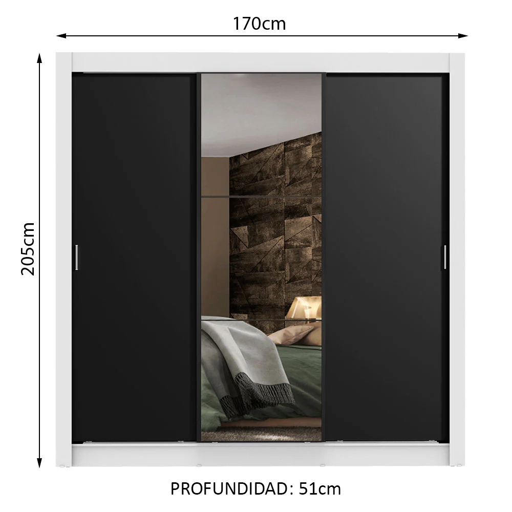 Placard Matrimonial Lyon Plus 3 Puertas Corredizas con Espejos 4 Cajones Blanco/Negro - Image 2