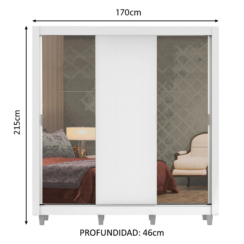 Placard Matrimonial Lyon Plus 3 Puertas Corredizas con Espejos 4 Cajones con Patas Blanco - Image 2