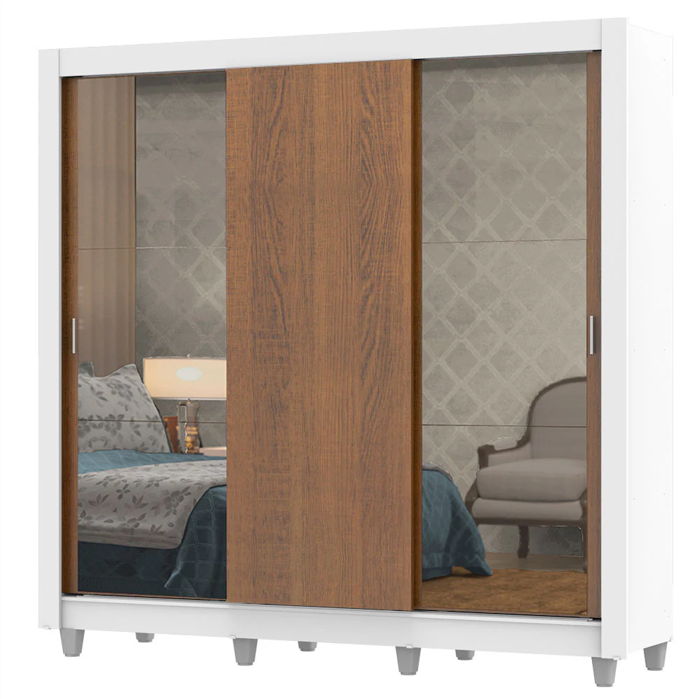 Placard Matrimonial Lyon Plus 3 Puertas Corredizas con Espejos 4 Cajones con Patas Blanco/Marrón - Image 3