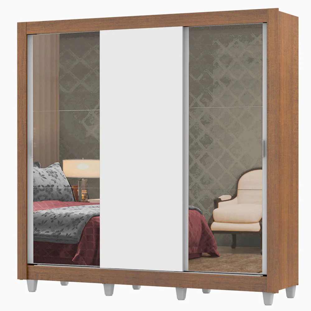 Placard Matrimonial Lyon Plus 3 Puertas Corredizas con Espejos 4 Cajones con Patas Marrón/Blanco - Image 3