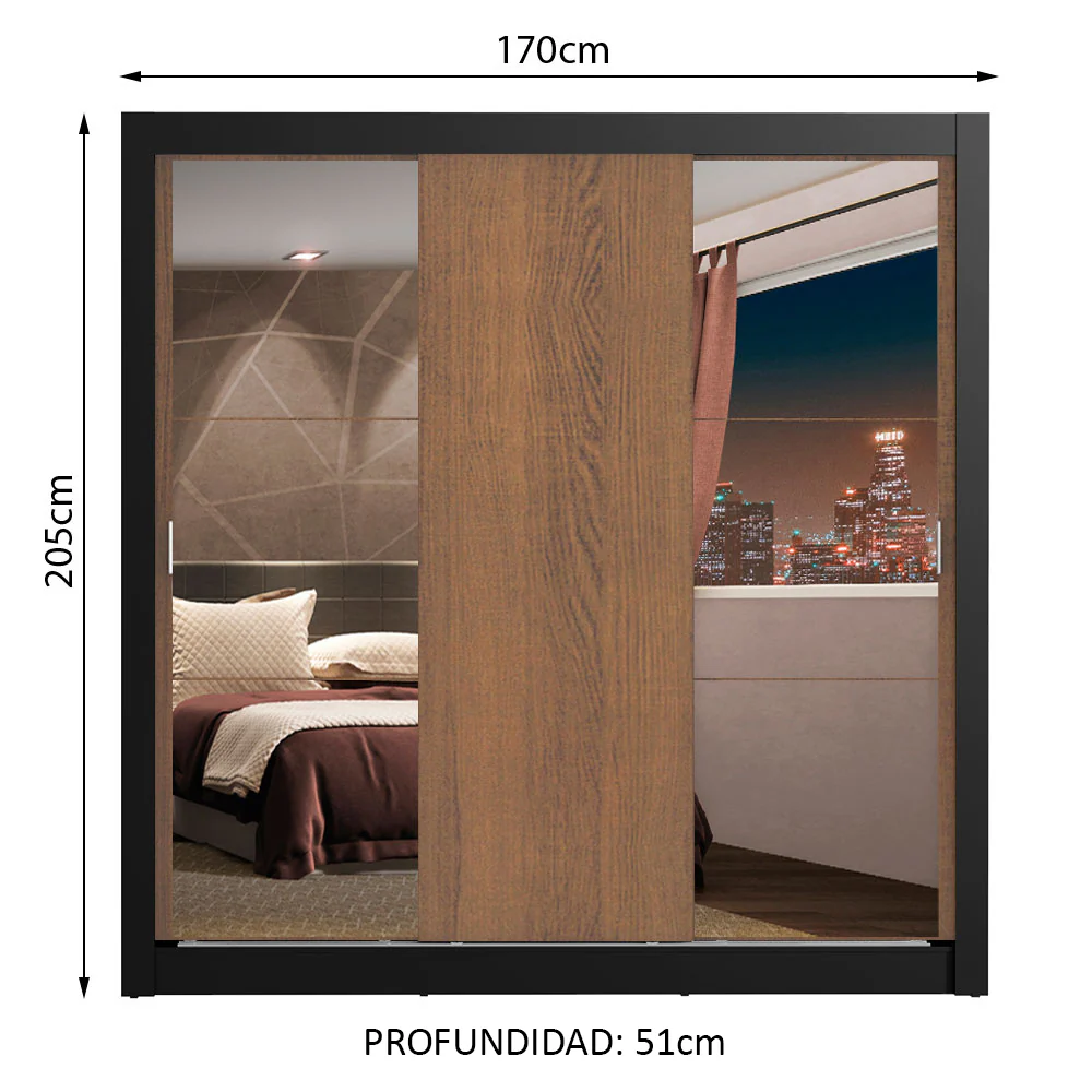 Placard Matrimonial Lyon Plus 3 Puertas Corredizas con Espejos 4 Cajones Marrón/Negro - Image 2