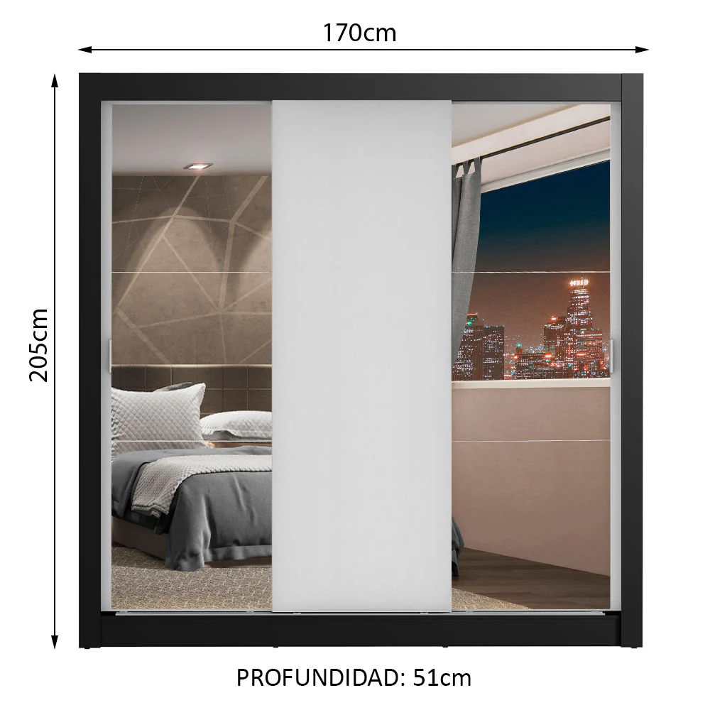 Placard Matrimonial Lyon Plus 3 Puertas Corredizas con Espejos 4 Cajones Negro/Blanco - Image 2